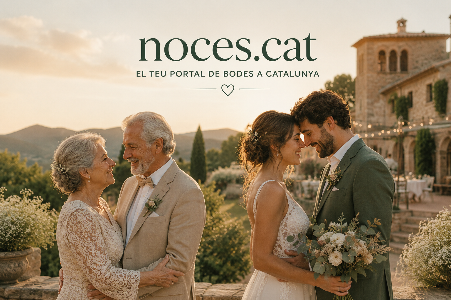 Dues parelles celebrant l'amor en un entorn mediterrani de casament a Catalunya